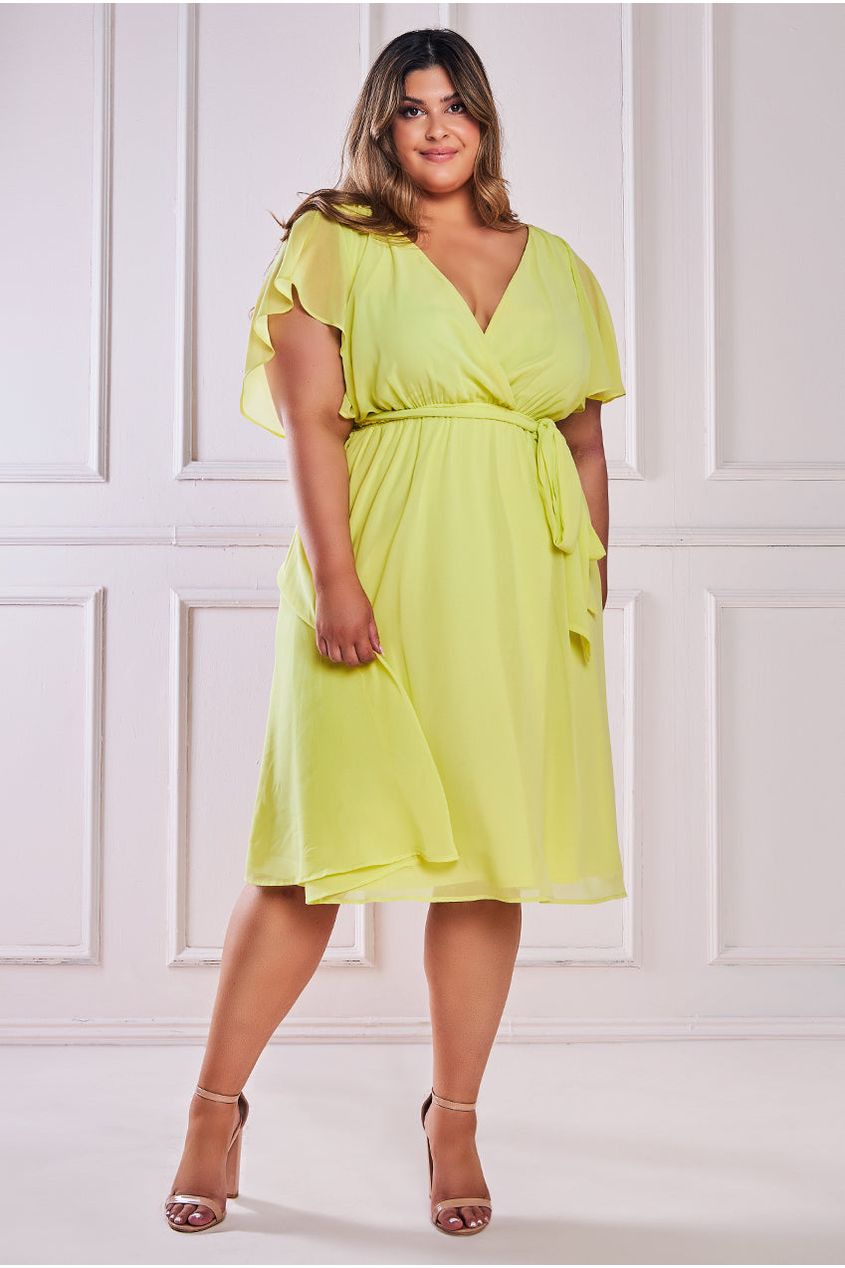 Image of Goddiva Plus Flutter Sleeve Wrap Midi Dress - Soft Lemon