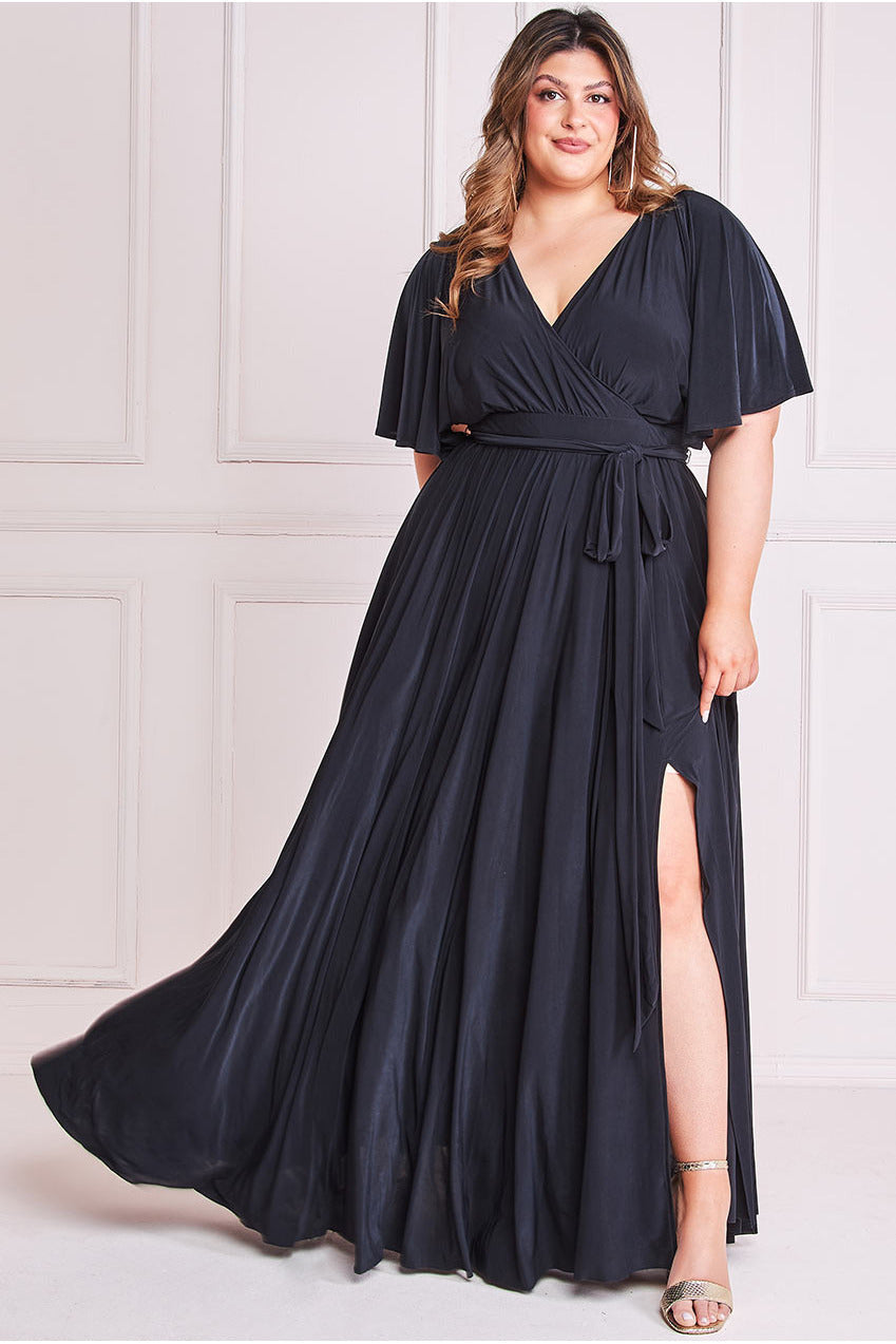 Goddiva Plus Wrap Front Maxi With Flutter Sleeves - Black