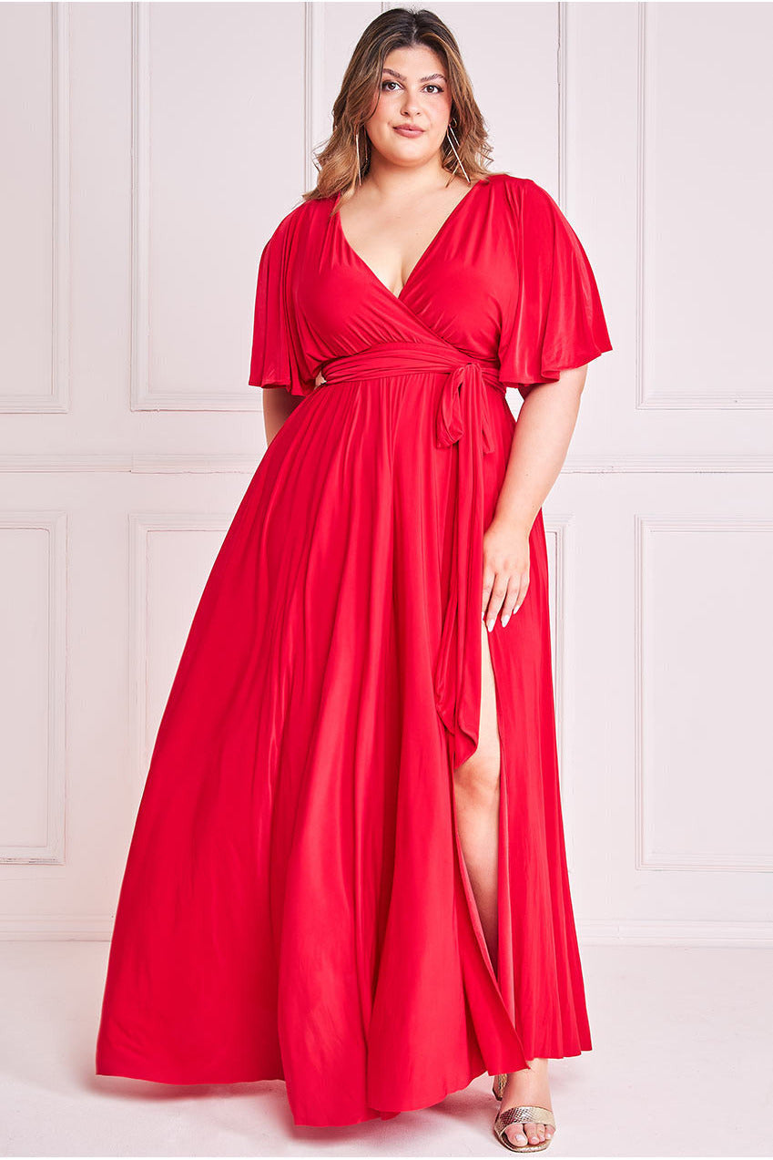 Goddiva Plus Wrap Front Maxi With Flutter Sleeves - Red