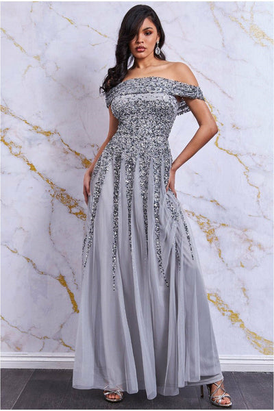 Danaya Bardot Sequin and Chiffon Occasion Dress - Silver Goddiva