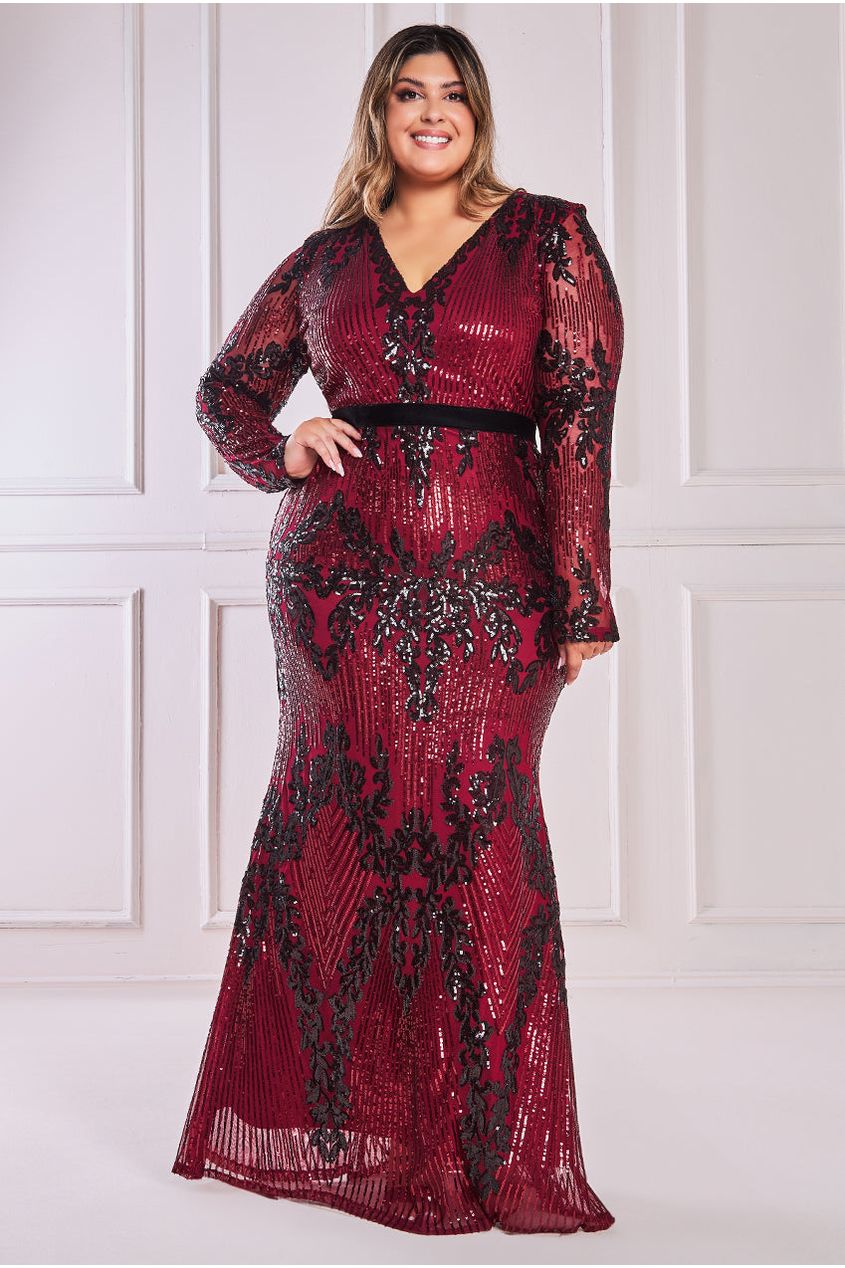 Goddiva Plus Long Sleeve Sequin Evening Maxi - Wine