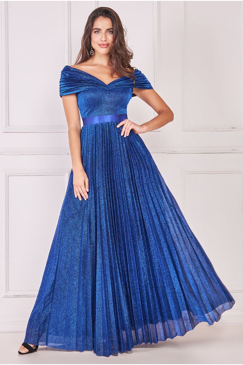 Goddiva Bardot Pleated Skirt Maxi - Royalblue