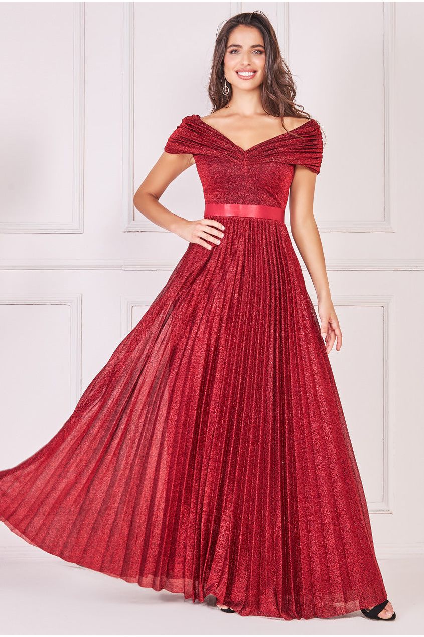 Goddiva Bardot Pleated Skirt Maxi - Wine