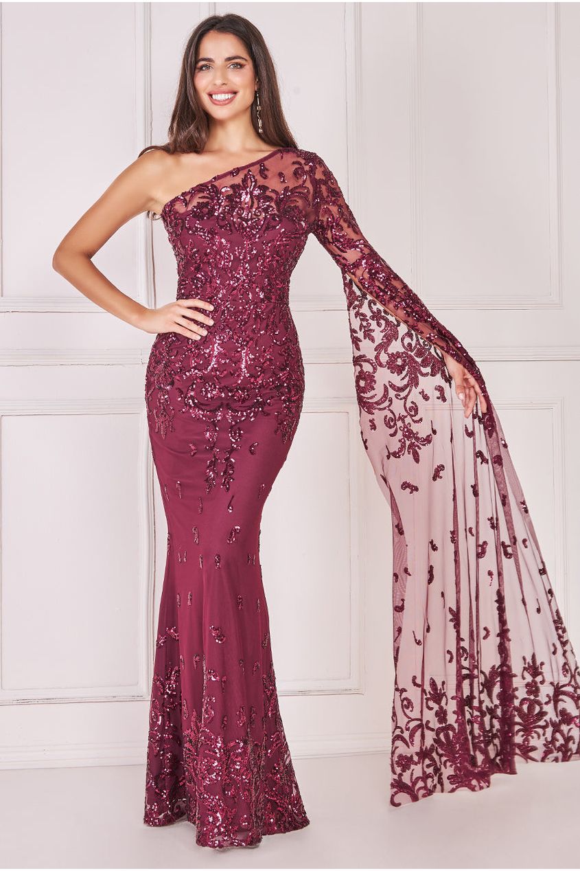 Goddiva Sequin Mesh One Shoulder Evening Maxi - Burgundy