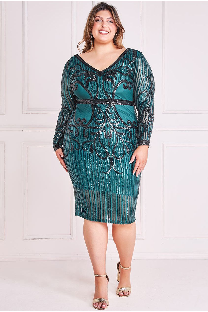 Goddiva Plus Sequin Mesh V Neck Midi - Emerald