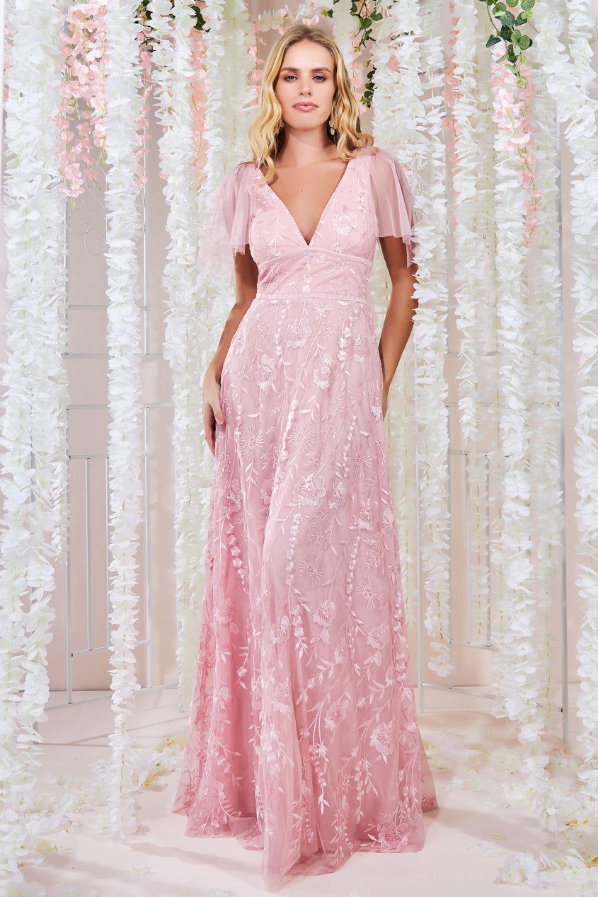 Goddiva Embroidered Lace Maxi Flutter Sleeves - Blush