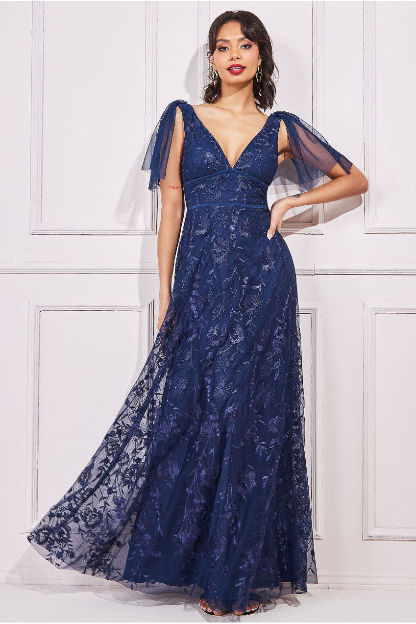 Goddiva Embroidered Lace Maxi Flutter Sleeves - Navy