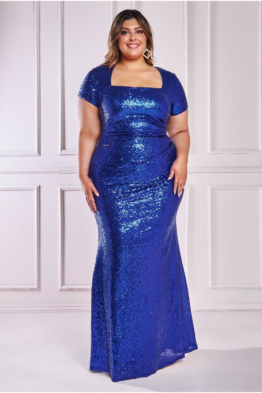Goddiva Plus Sequin Portrait Neckline Maxi Dress - Royal Blue