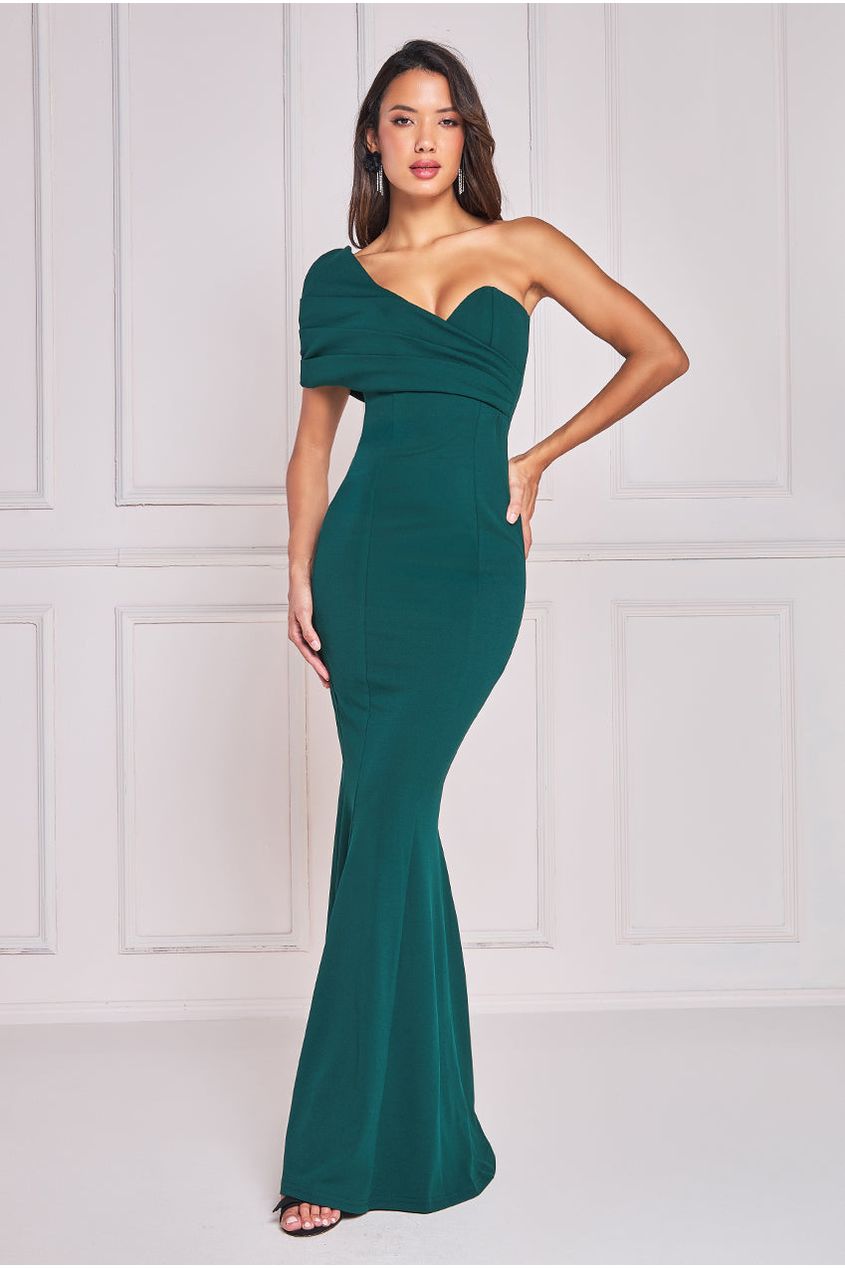 Image of Goddiva One Shoulder Fan Maxi Dress - Emerald Green