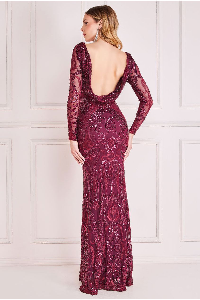 Goddiva Sequin Cowl Back Maxi -  Burgundy