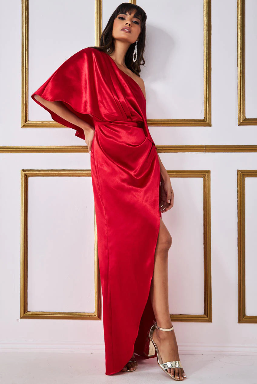Goddiva Satin Drape Shoulder Wrap Maxi Dress - Red