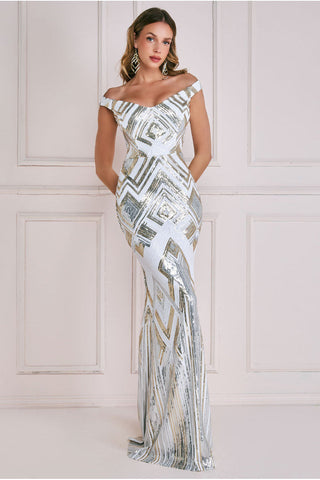 Geometric Sequin Sleeveless Maxi - White DR3461