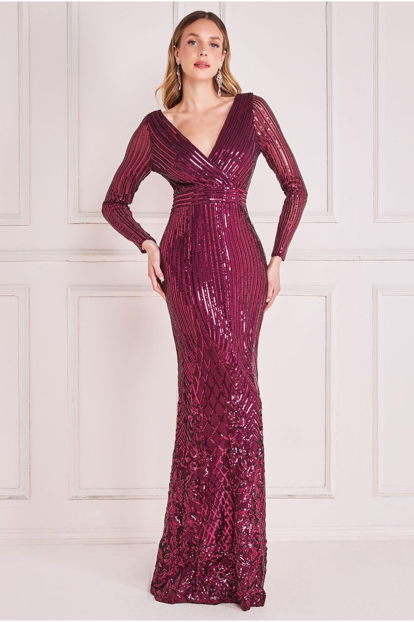 Goddiva Long Sleeve Sequin V Wrap Maxi Dress - Burgundy