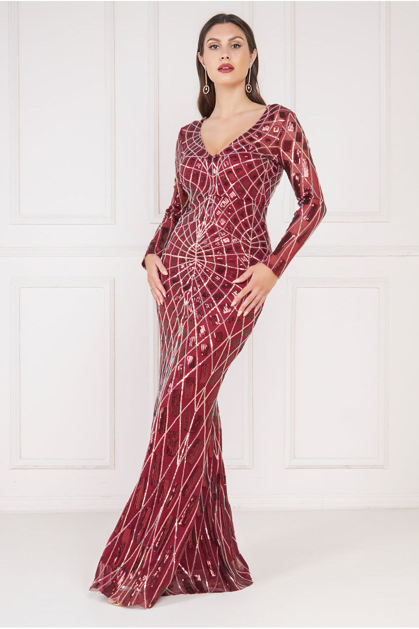 Goddiva Geo Sequin Long Sleeve Maxi Dress - Wine