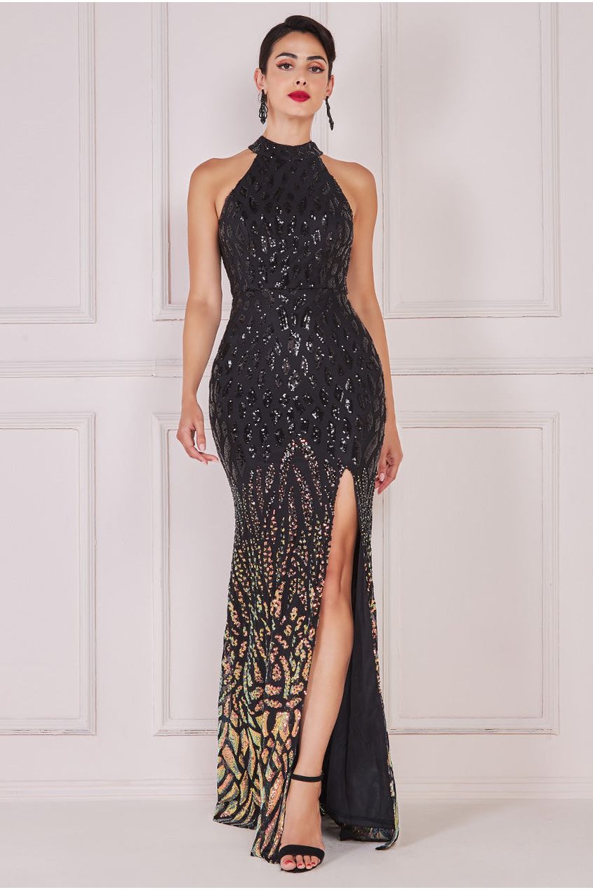 Goddiva Ombre Sequin Halter Maxi With Thigh Split - Black