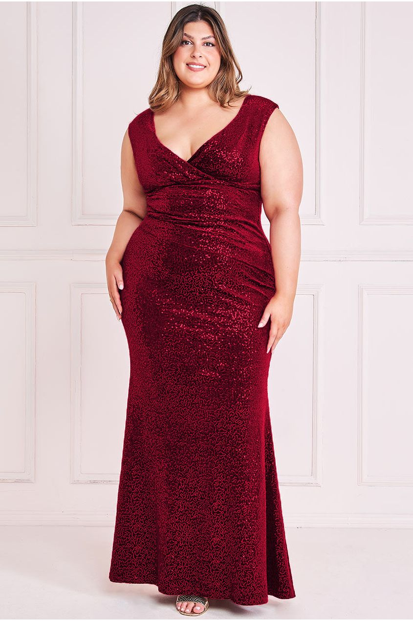 Goddiva Plus Sequin & Velvet Bardot Maxi Dress - Wine