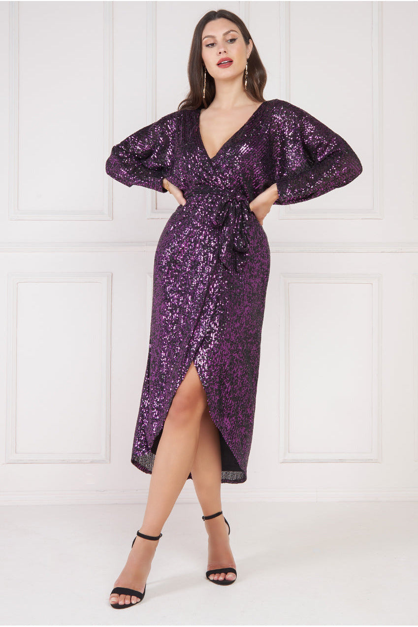 Goddiva Wrap Style Sequin Midi Dress - Purple