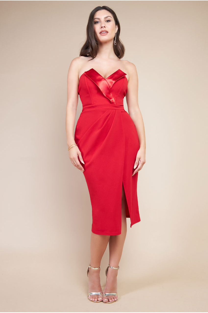 Image of Goddiva Satin Collar Scuba Midi Dress - Red