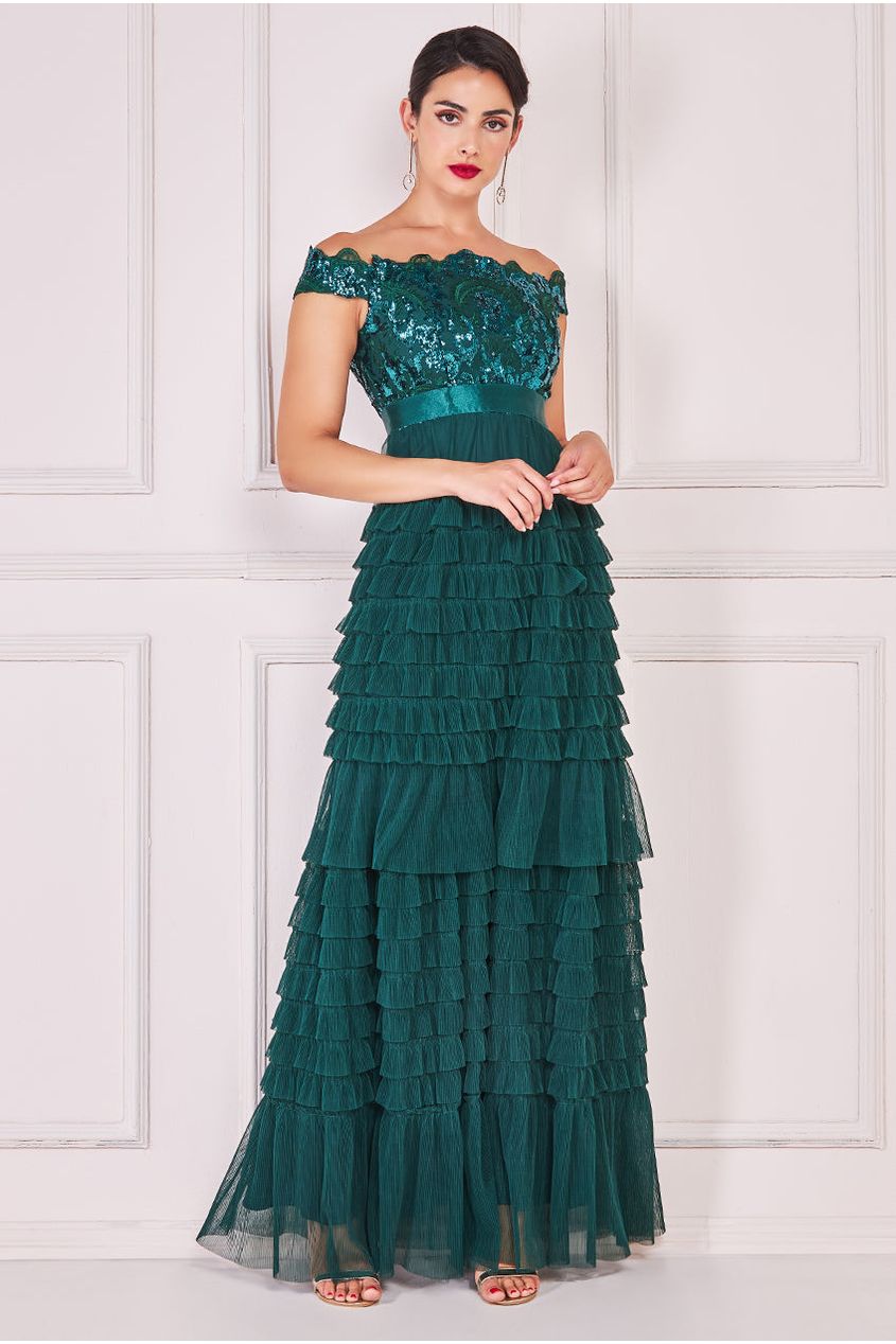 Goddiva Scallop Bardot Ruffle Mesh Maxi - Emerald