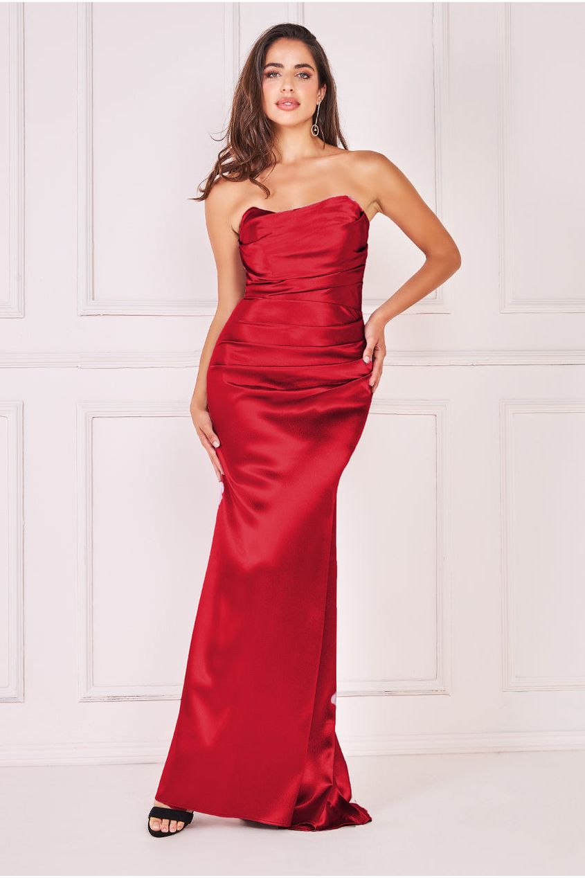 Image of Goddiva Satin Bandeau Maxi Dress - Red