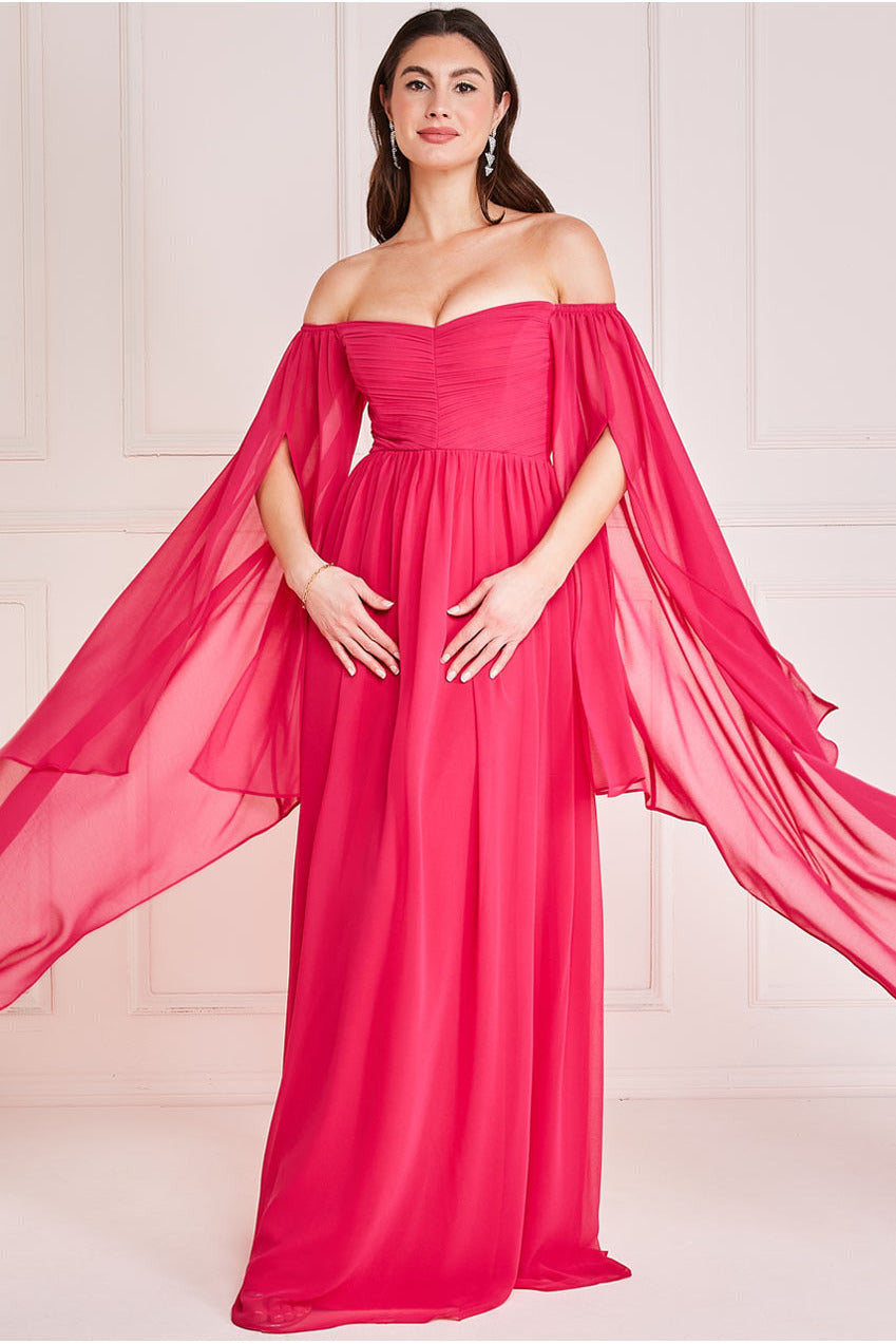 Goddiva Chiffon Off The Shoulder Maxi With Wings - Hot Pink