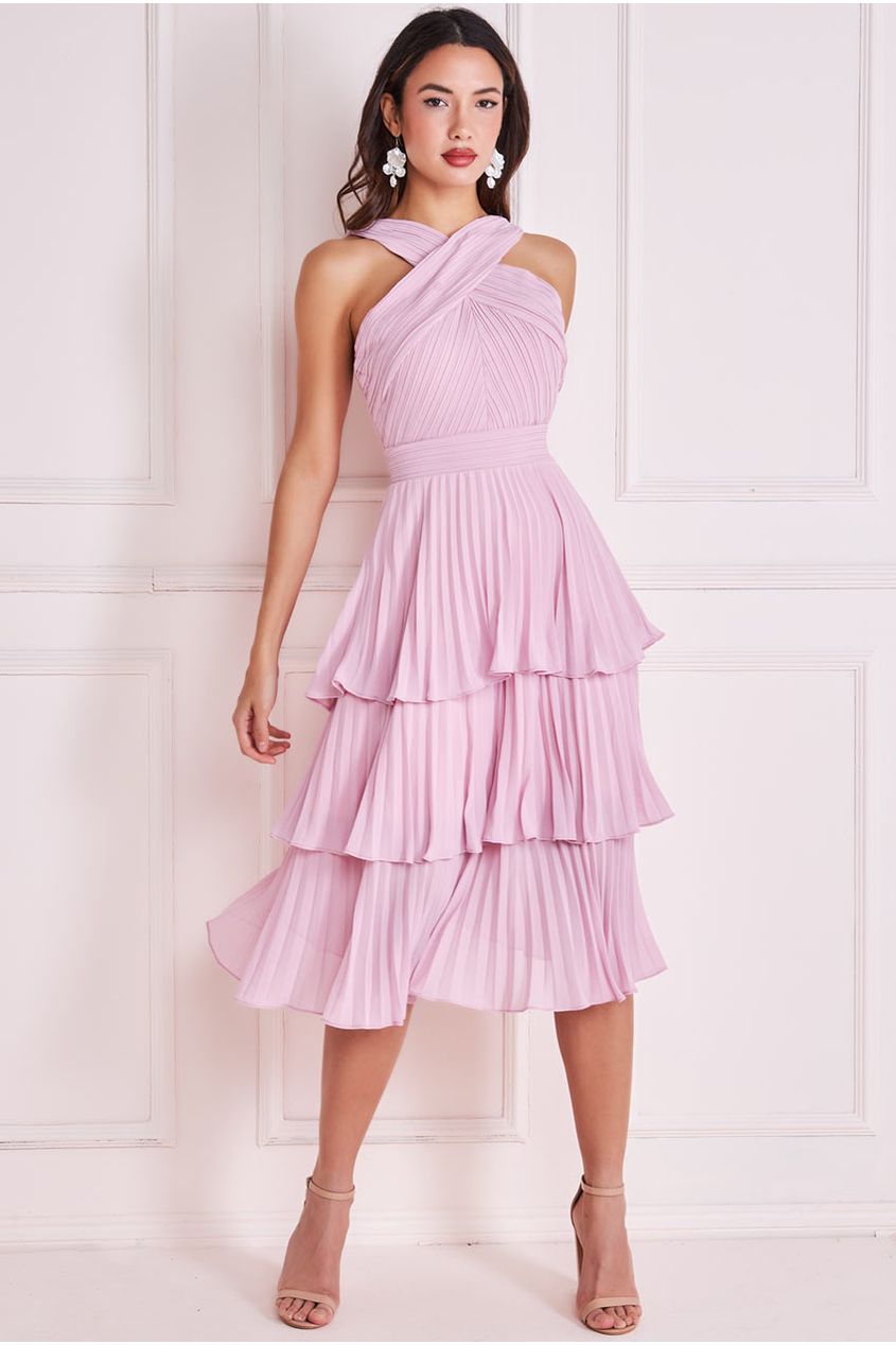 Goddiva Pleated Bodice Chiffon Tiered Midi - Pink