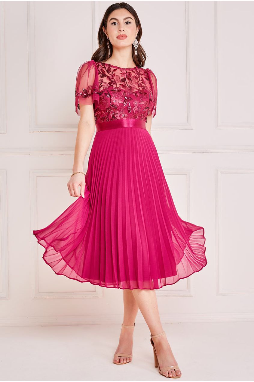 Image of Goddiva Embroidered Top Chiffon Pleated Midi - Magenta