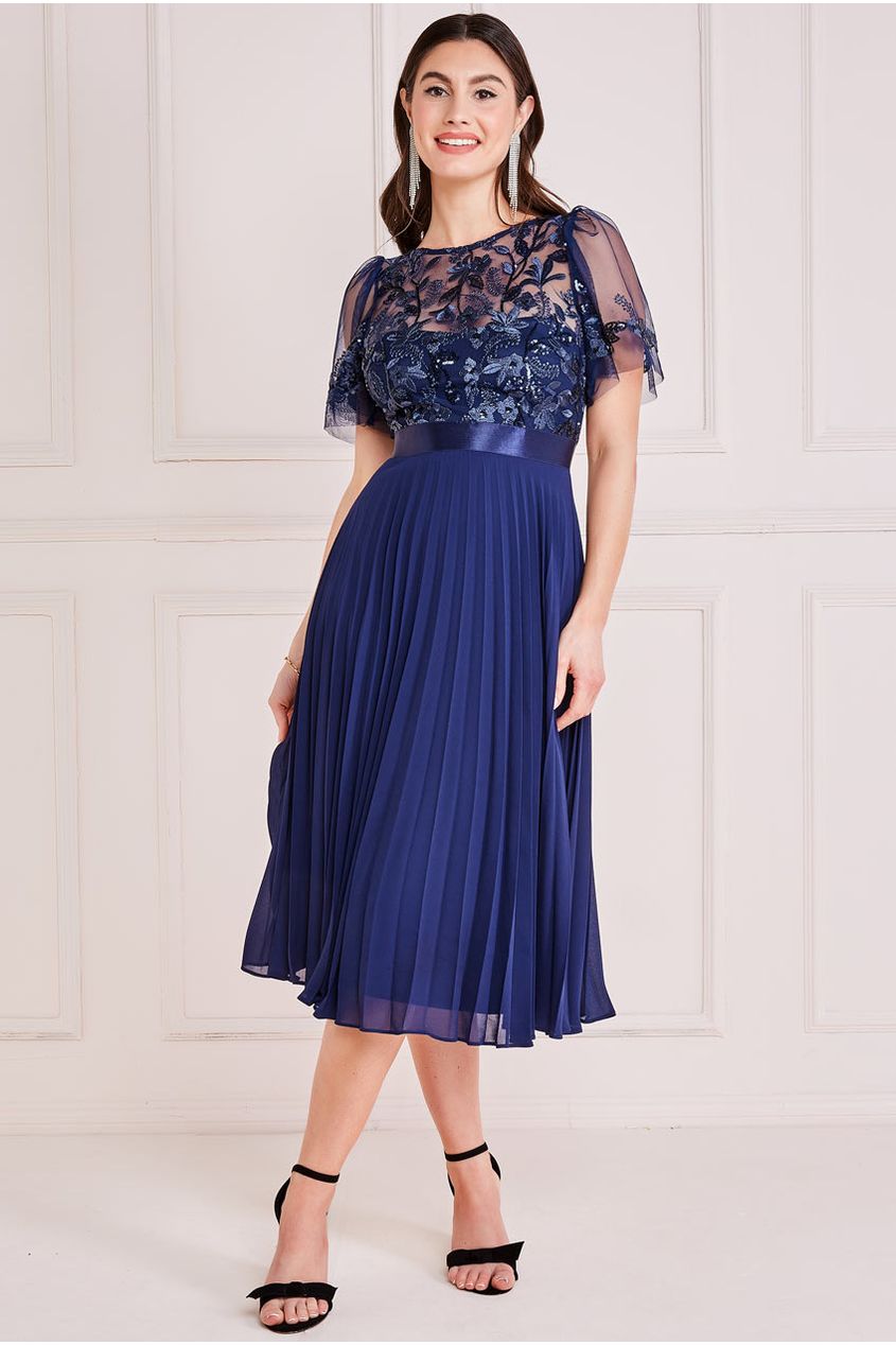 Goddiva Embroidered Top Chiffon Pleated Midi - Navy