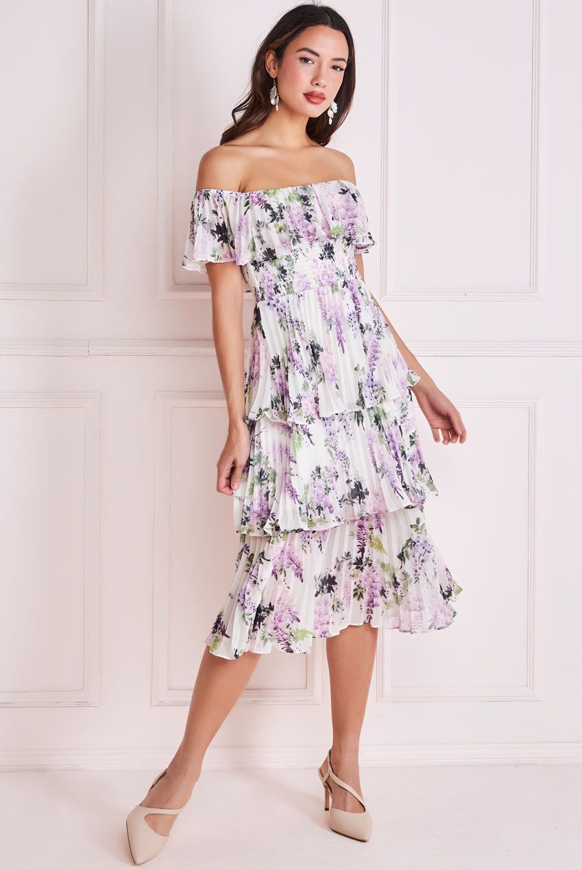 Goddiva Shirred Chiffon Floral Bardot Midi - Multi