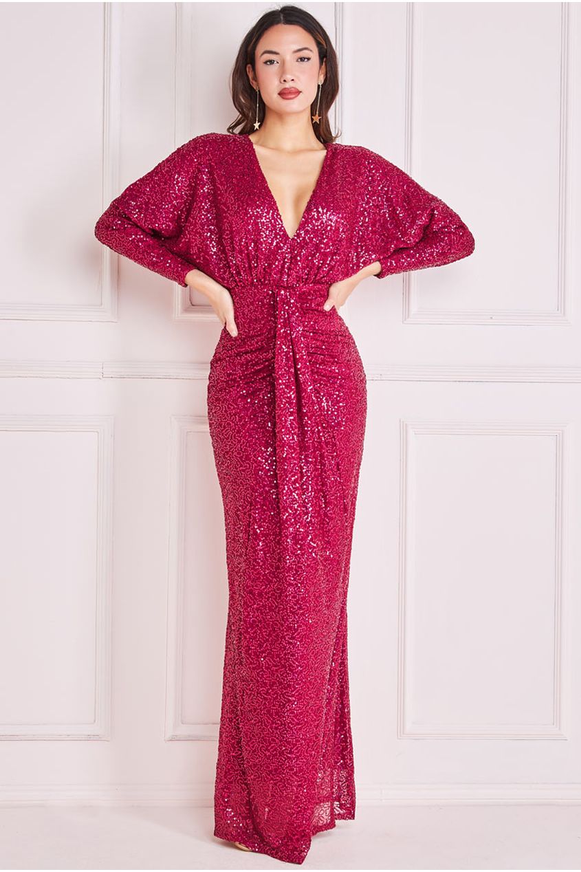 Goddiva Plunge V-Neck Sequin Maxi - Burgundy