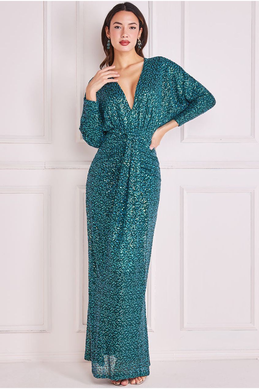 Goddiva Plunge V-Neck Sequin Maxi - Emerald