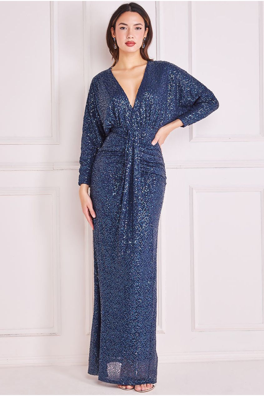 Goddiva Plunge V-Neck Sequin Maxi - Navy