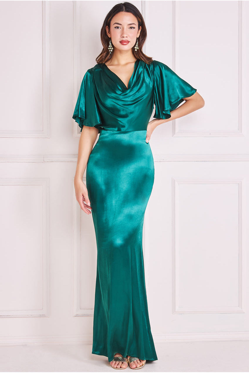 Goddiva Satin Viscose Cowl Neck Maxi With Train - Emerald product