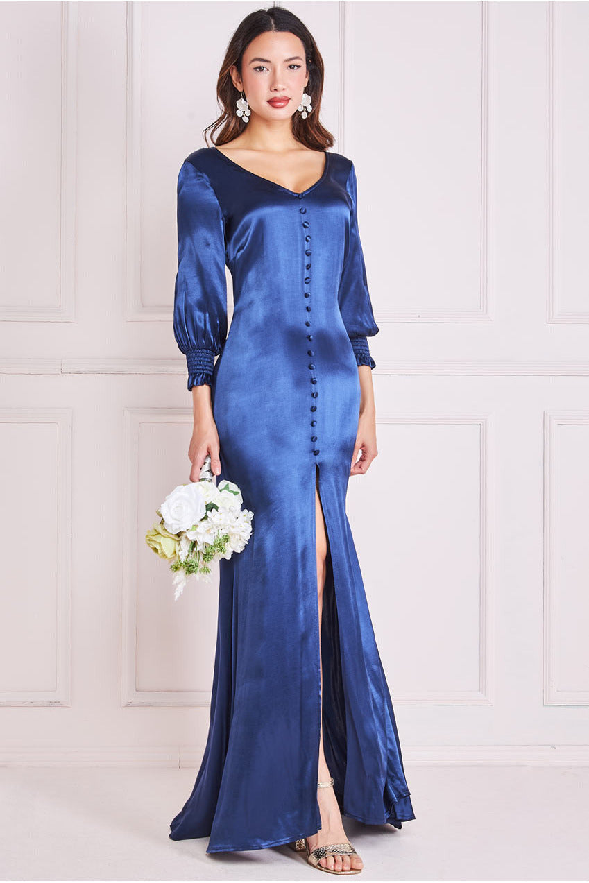 Goddiva Satin Viscose Front Split Maxi - Navy