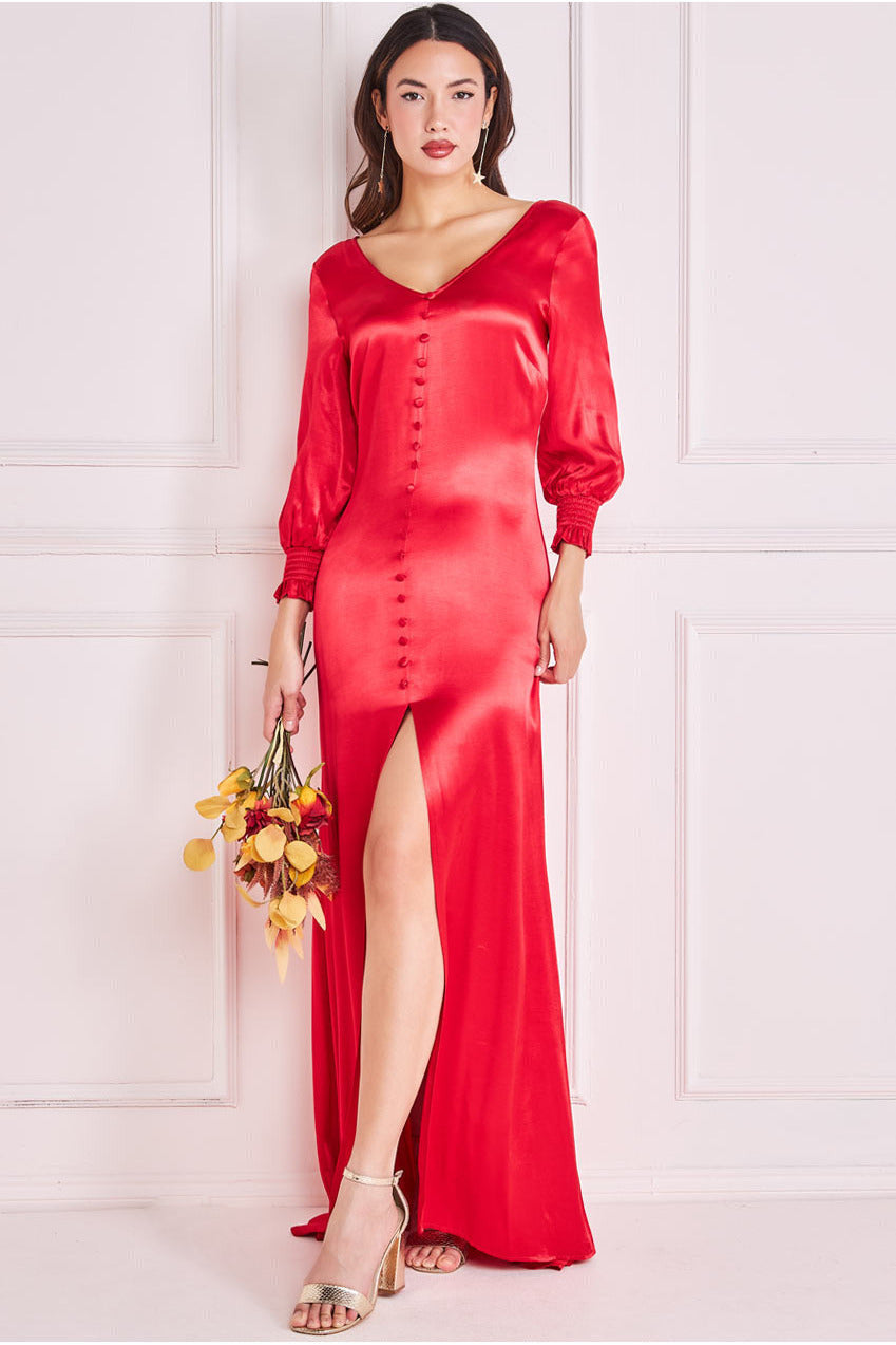 Image of Goddiva Satin Viscose Front Split Maxi - Red