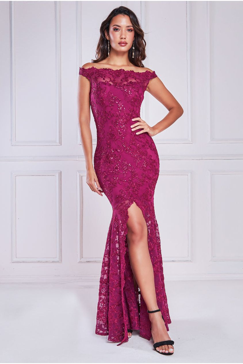 Goddiva Lace Scallop Edge Mermaid Maxi - Burgundy