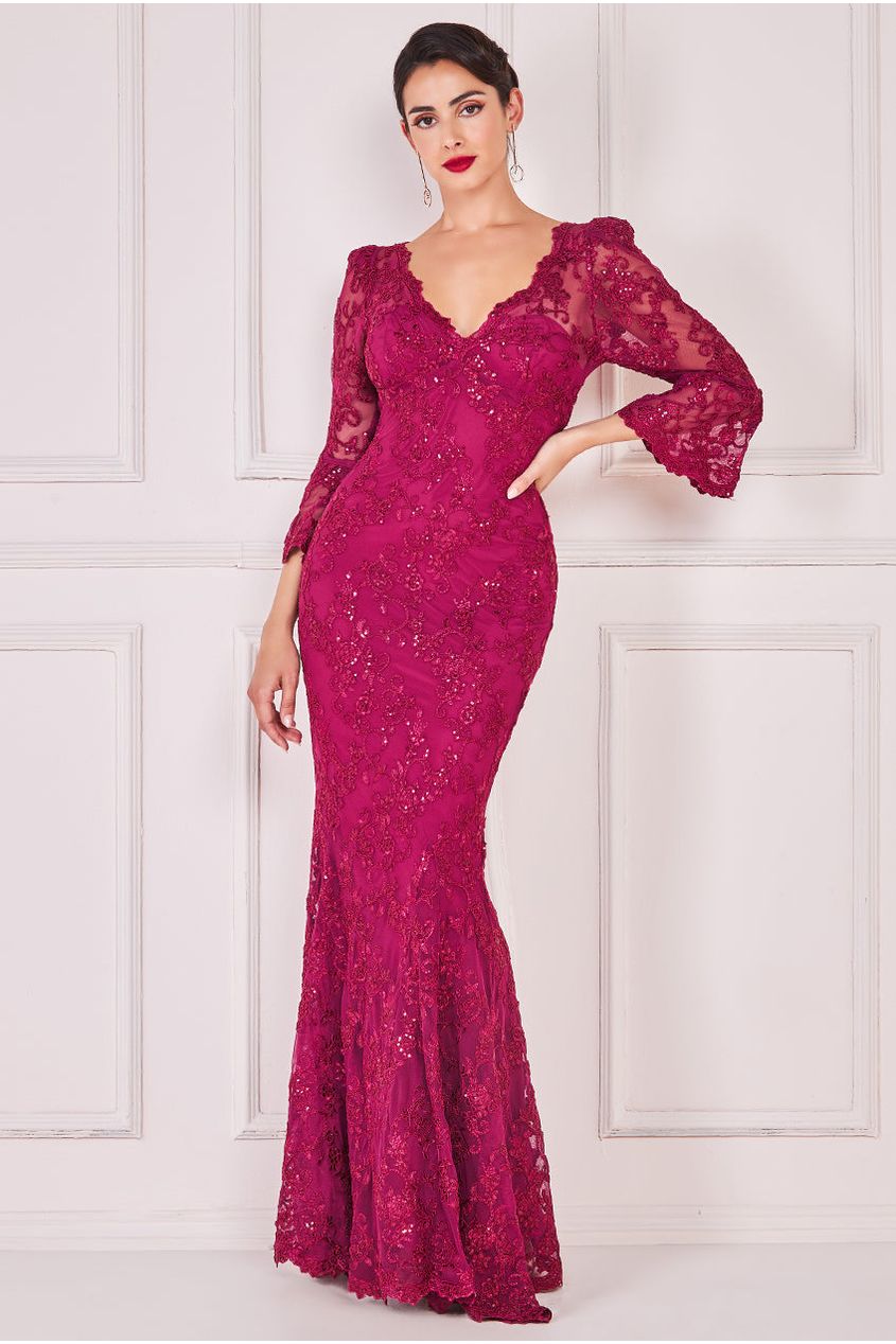 Goddiva Scalloped Lace Maxi Dress - Burgundy