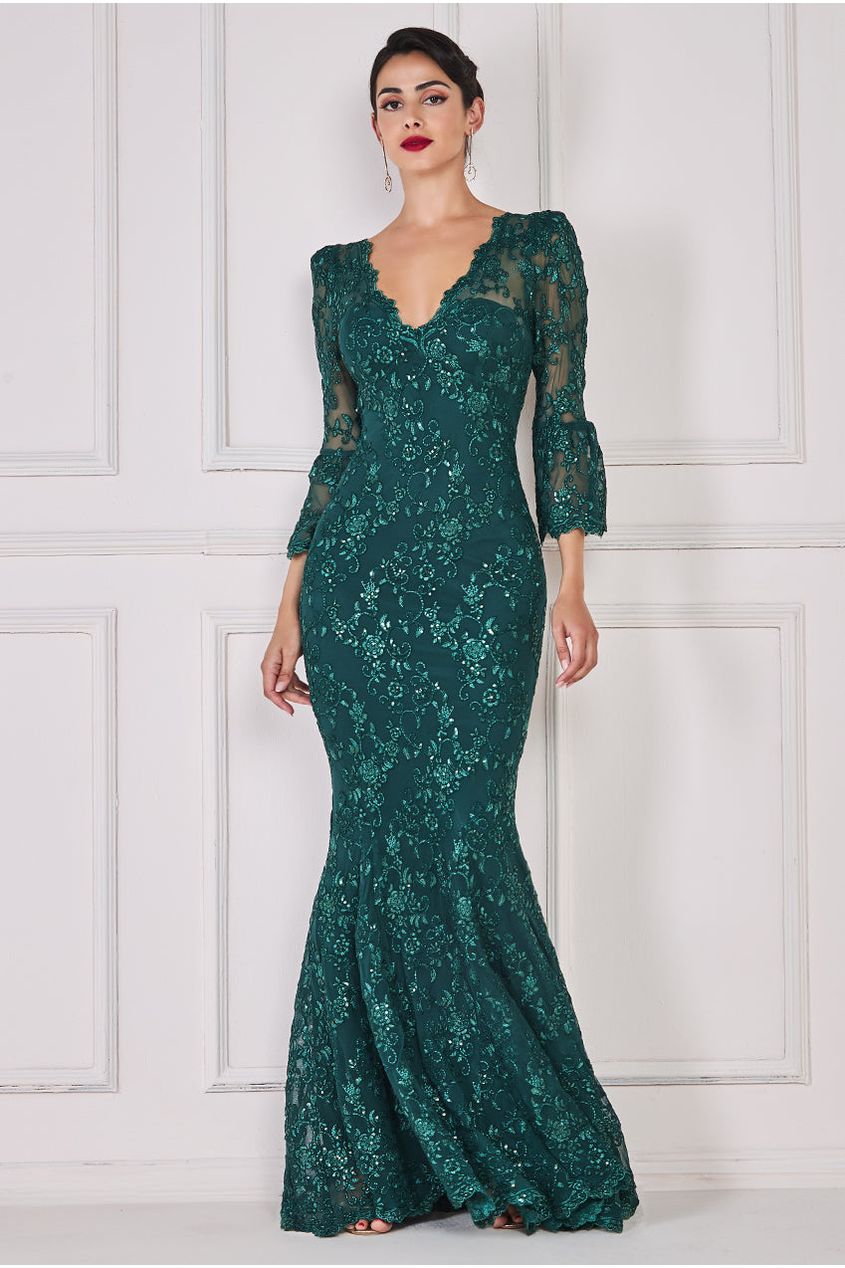 Goddiva Scalloped Lace Maxi Dress - Emerald