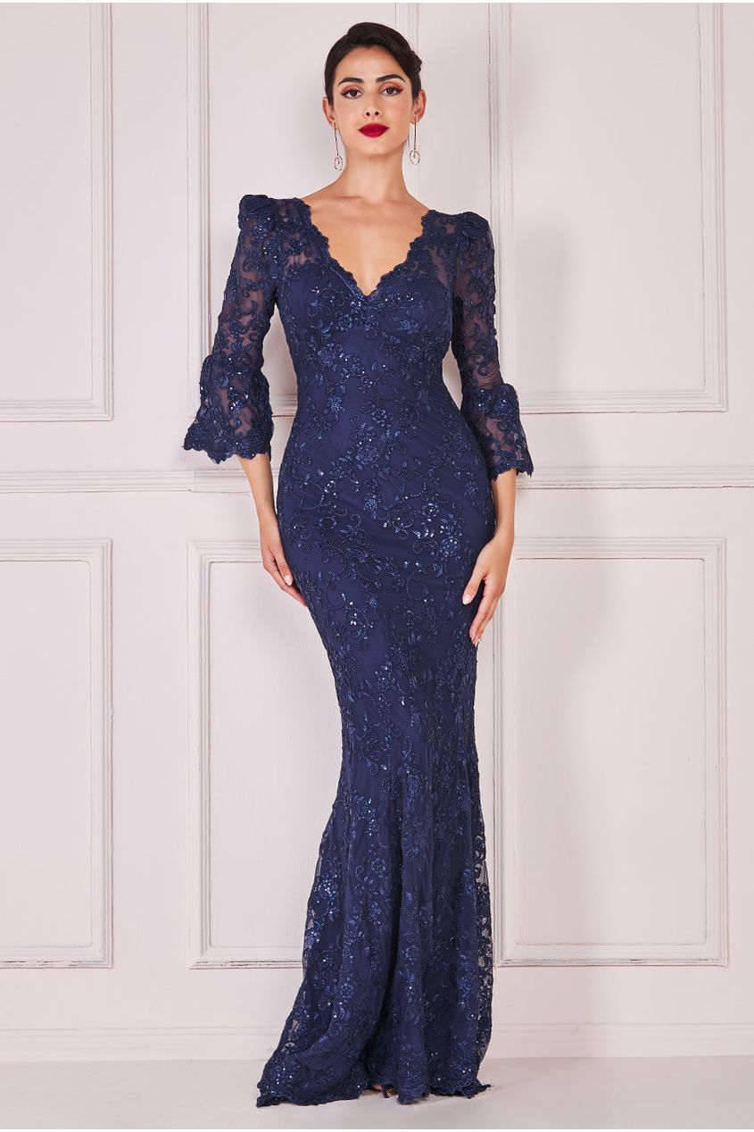 Goddiva Scalloped Lace Maxi Dress - Navy