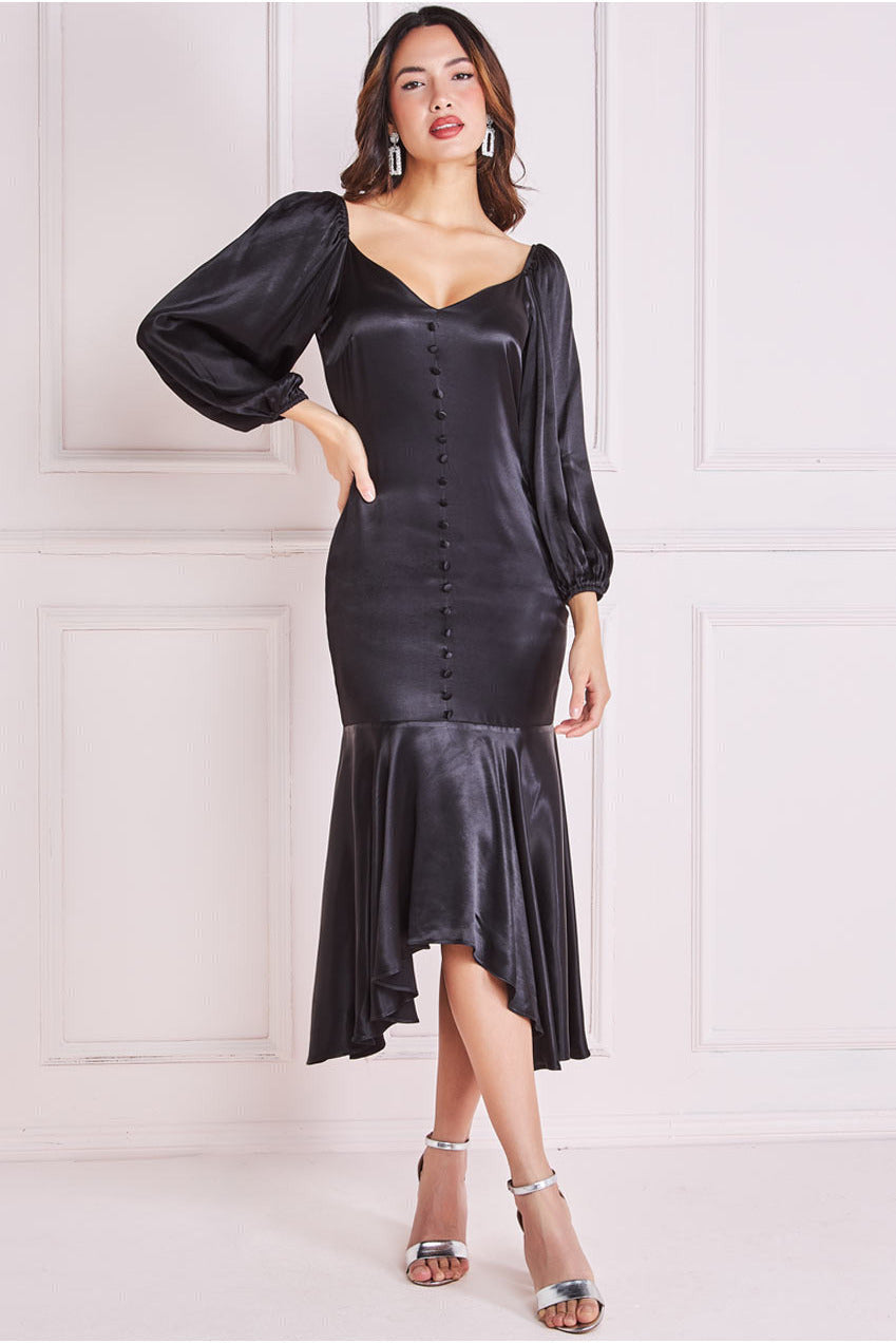 Image of Goddiva Satin Viscose Front Buttoned Dipped Hem Midaxi Dress - Black