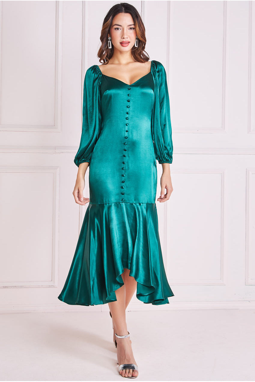 Goddiva Satin Viscose Front Buttoned Dipped Hem Midaxi Dress - Emerald