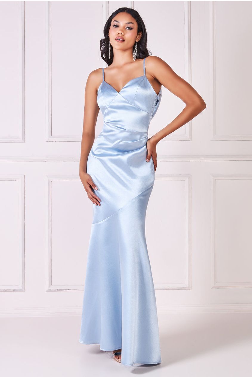 Goddiva Cowl Back Satin Maxi Dress - Blue