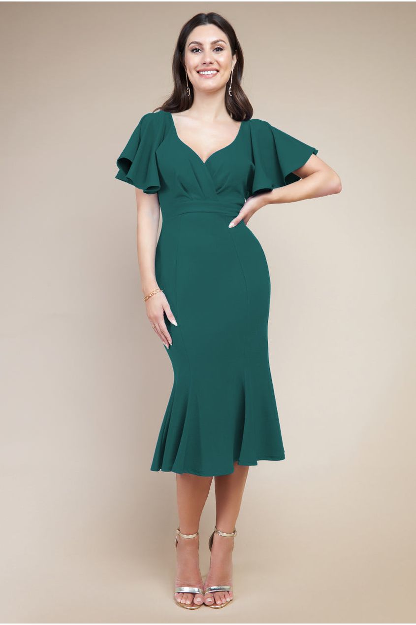Goddiva Flared Sleeve Front Wrap Midi Dress - Emerald Green