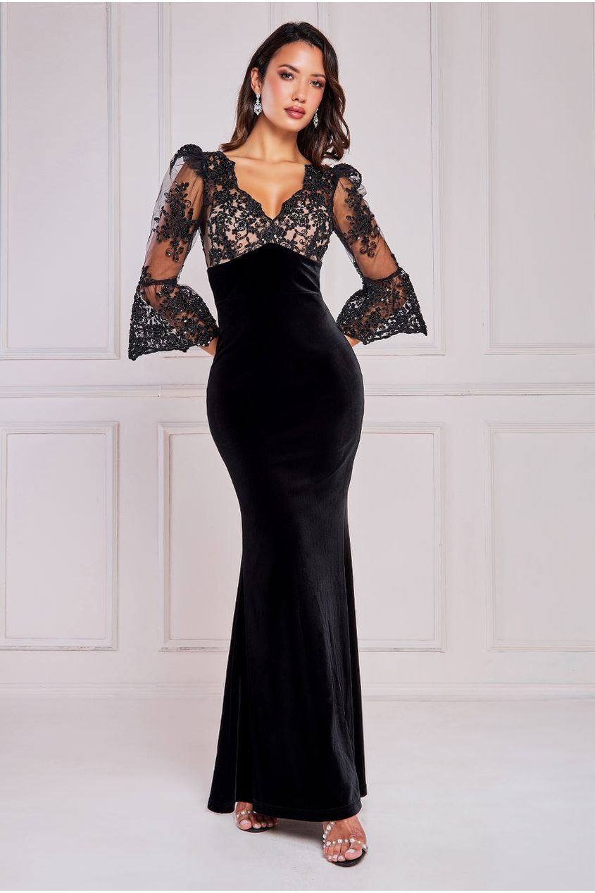 Goddiva Scalloped Lace & Velvet Maxi Dress - Black