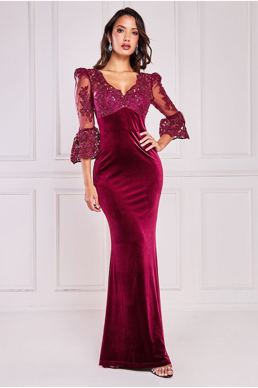 Goddiva Scalloped Lace & Velvet Maxi Dress - Burgundy