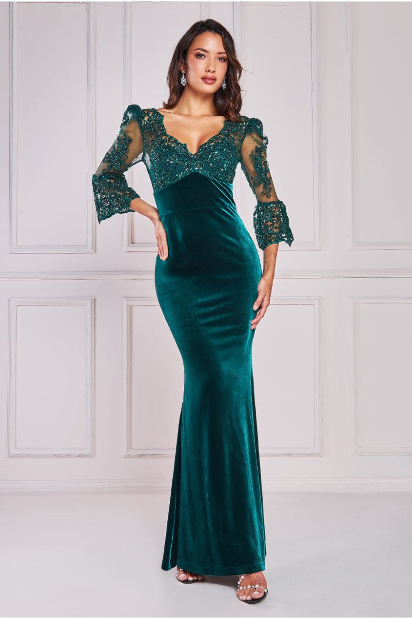 Goddiva Scalloped Lace & Velvet Maxi Dress - Emerald