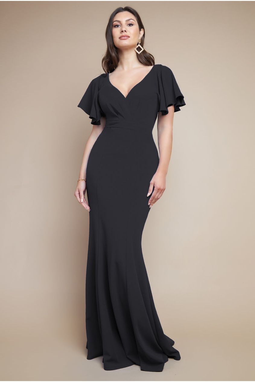 Goddiva Flared Sleeve Front Wrap Maxi Dress - Black