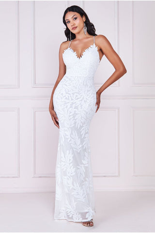 Cross Back Diamante Strap Sequin Maxi - White DR4009W