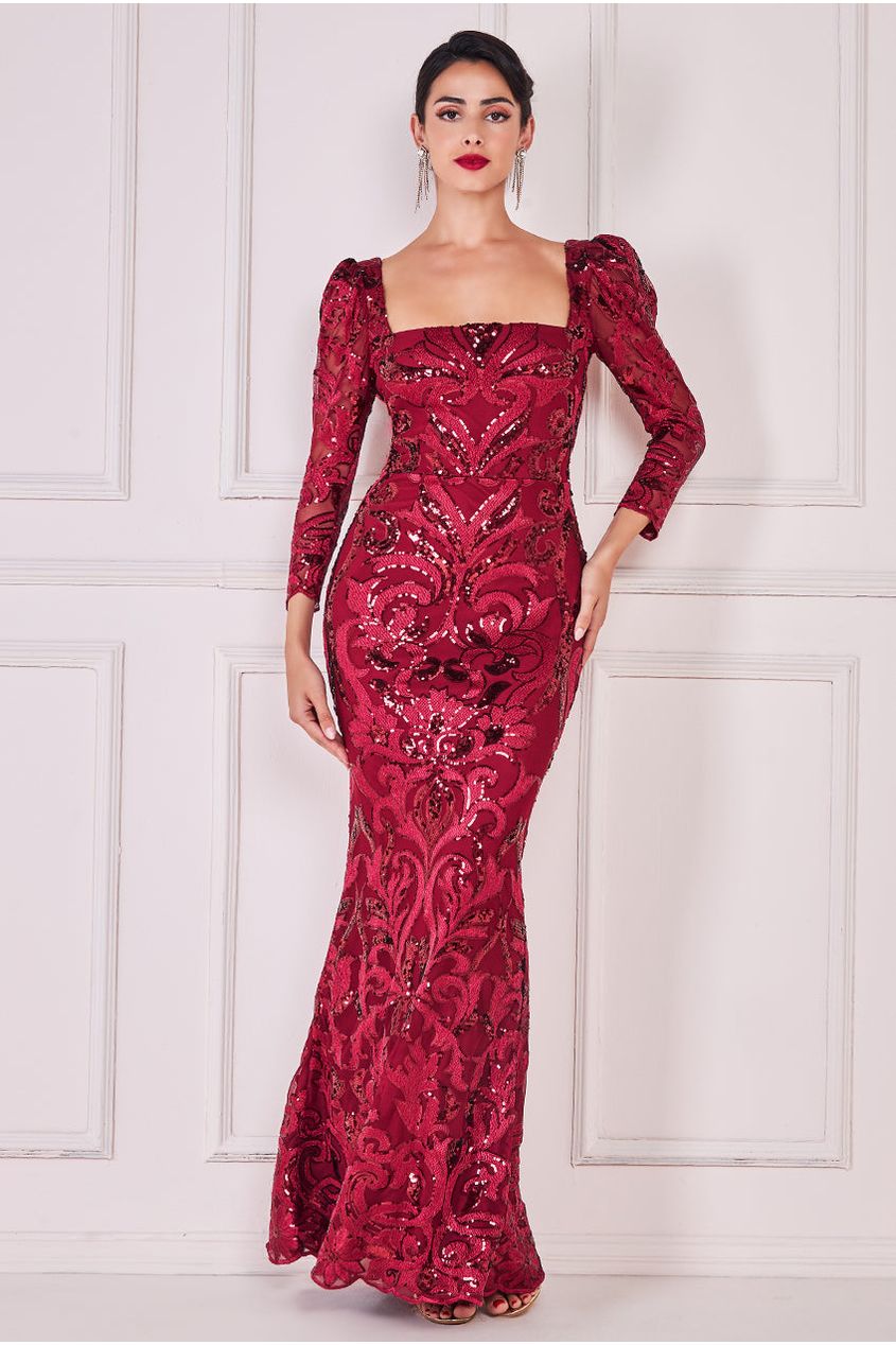 Goddiva Square Neck Scalloped Lace Maxi - Wine