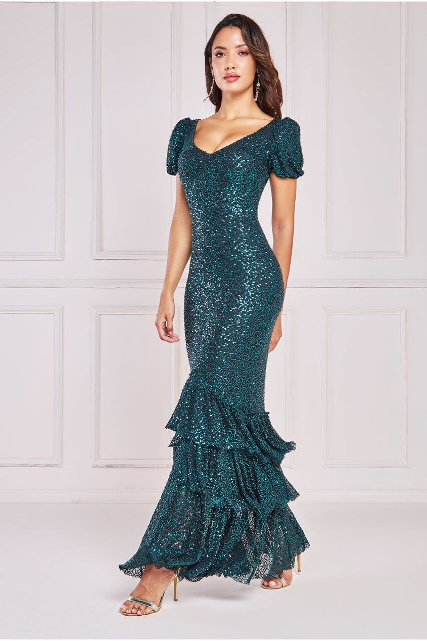 Goddiva Puff Sleeve Tiered Hem Maxi Dress - Emerald